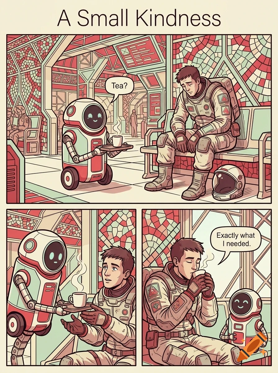 A three-panel comic strip titled A Small Kindness showing a sad astronaut sitting on a bench in a spaceship terminal, being offered a cup of tea by a small friendly robot.