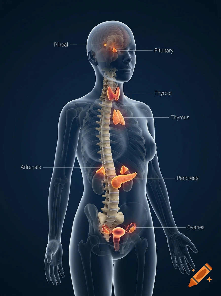 3D medical illustration of a woman's body showing the spine and endocrine system with labels for Pineal, Pituitary, Thyroid, Thymus, Adrenals, Pancreas, and Ovaries.