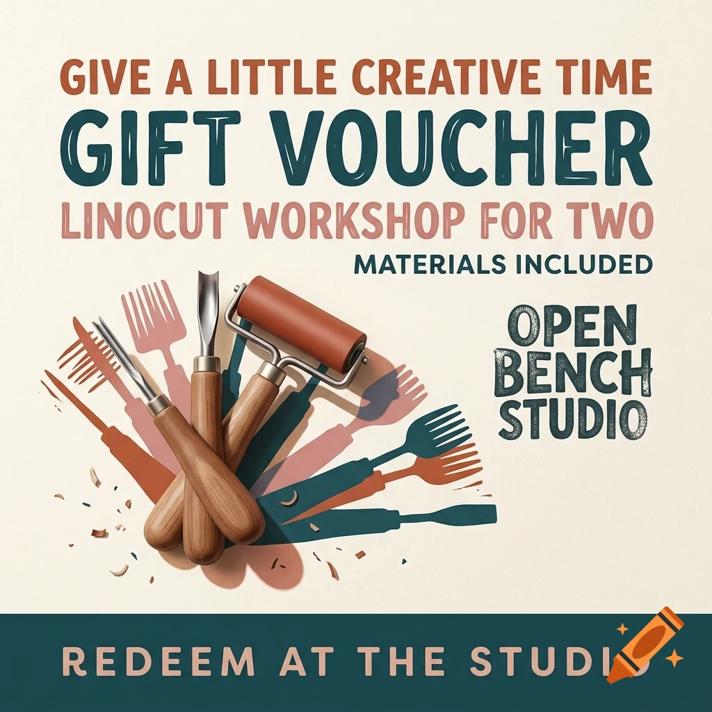 A gift voucher design for a linocut workshop featuring linocut tools and text reading Open Bench Studio.
