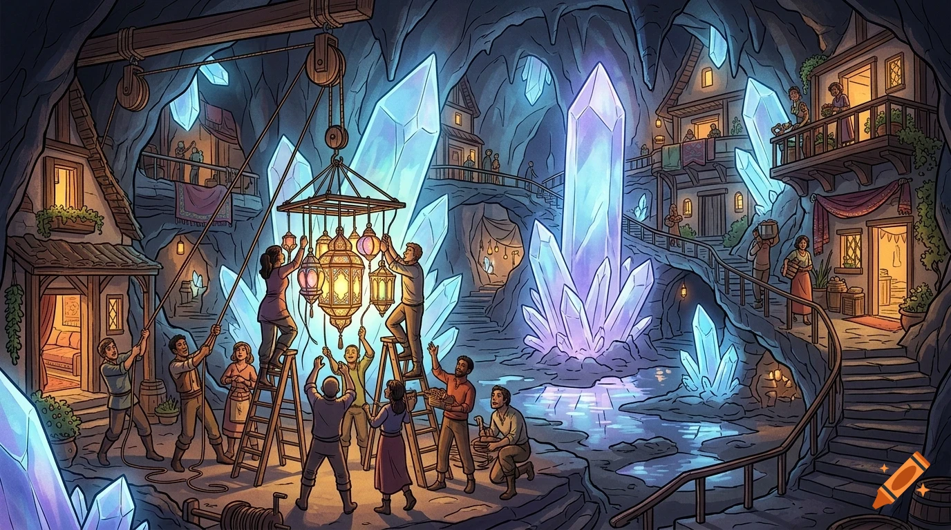 An illustrated underground village inside a cave system, featuring glowing blue and purple crystals, rustic buildings, and people hanging lanterns.