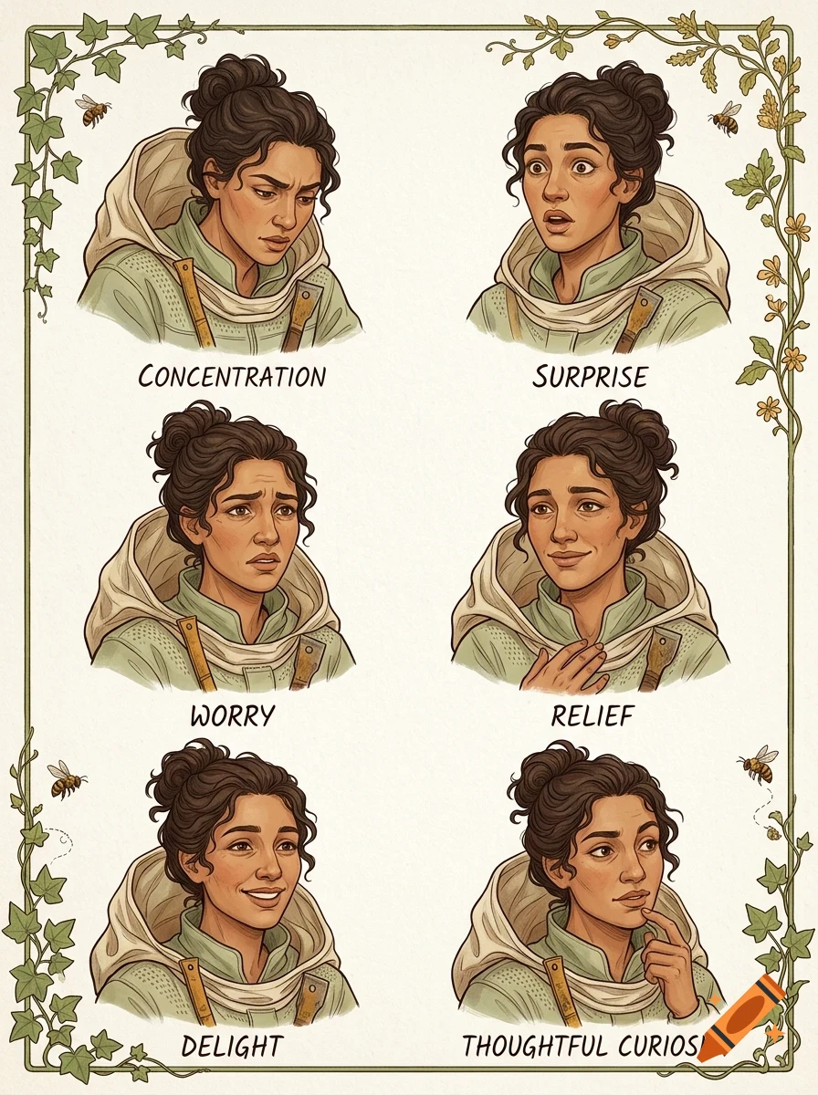 An illustrated character sheet showing six facial expressions of a woman labeled concentration, surprise, worry, relief, delight, and thoughtful curiosity.