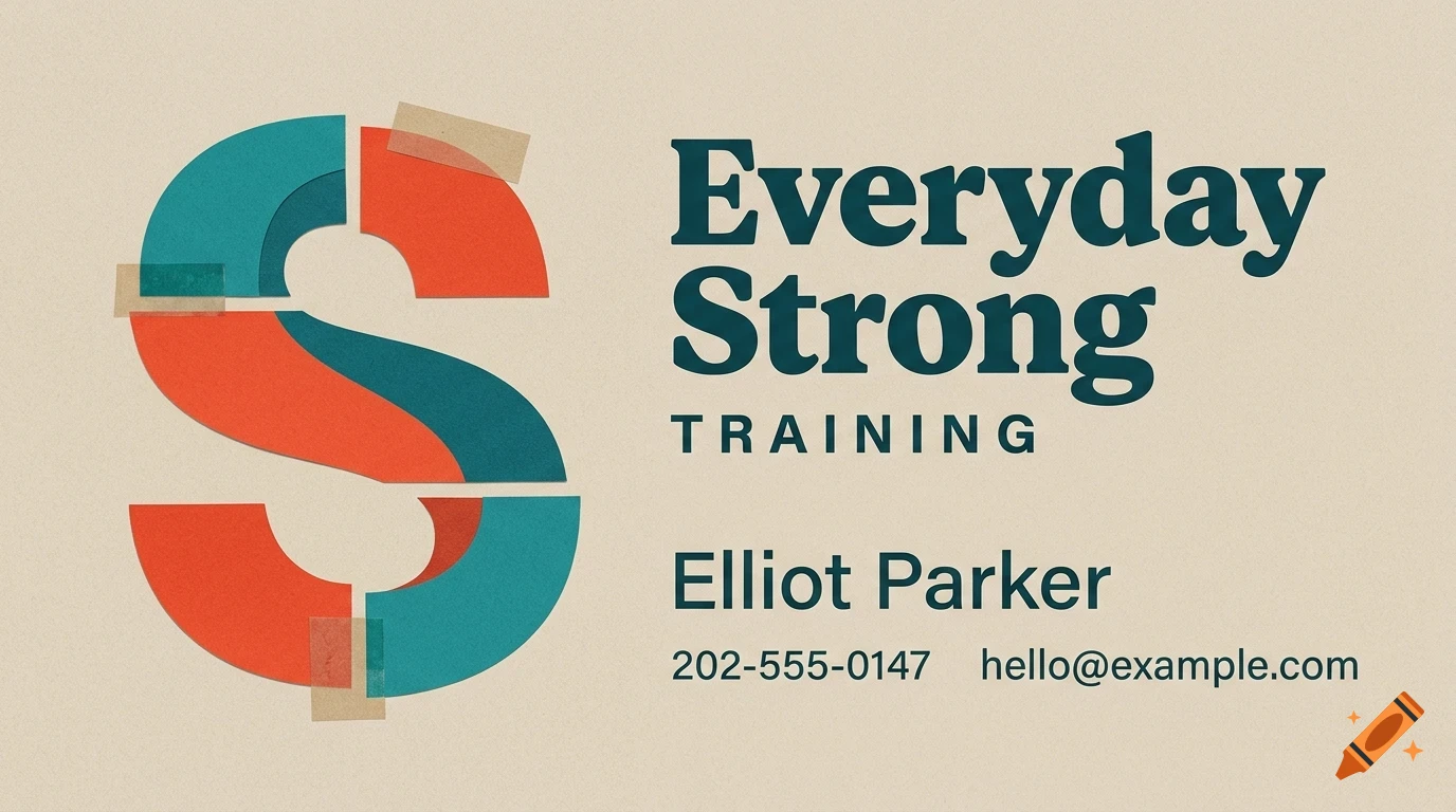 A business card design with a large stylized letter S made of red and teal shapes taped onto a beige background, accompanied by the text Everyday Strong Training, Elliot Parker, a phone number, and an email address.