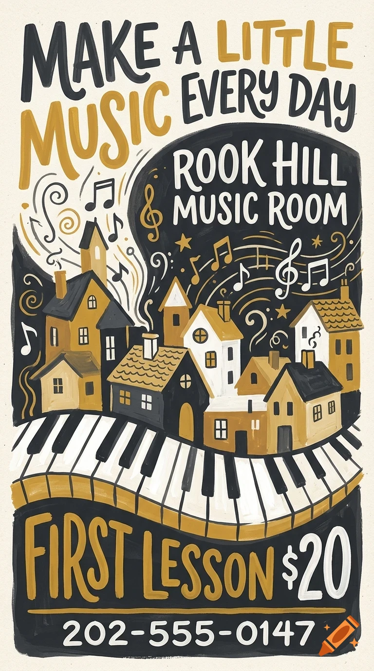 An illustrated poster featuring a village built on top of piano keys, with musical notes and lettering that reads 'MAKE A LITTLE MUSIC EVERY DAY'.