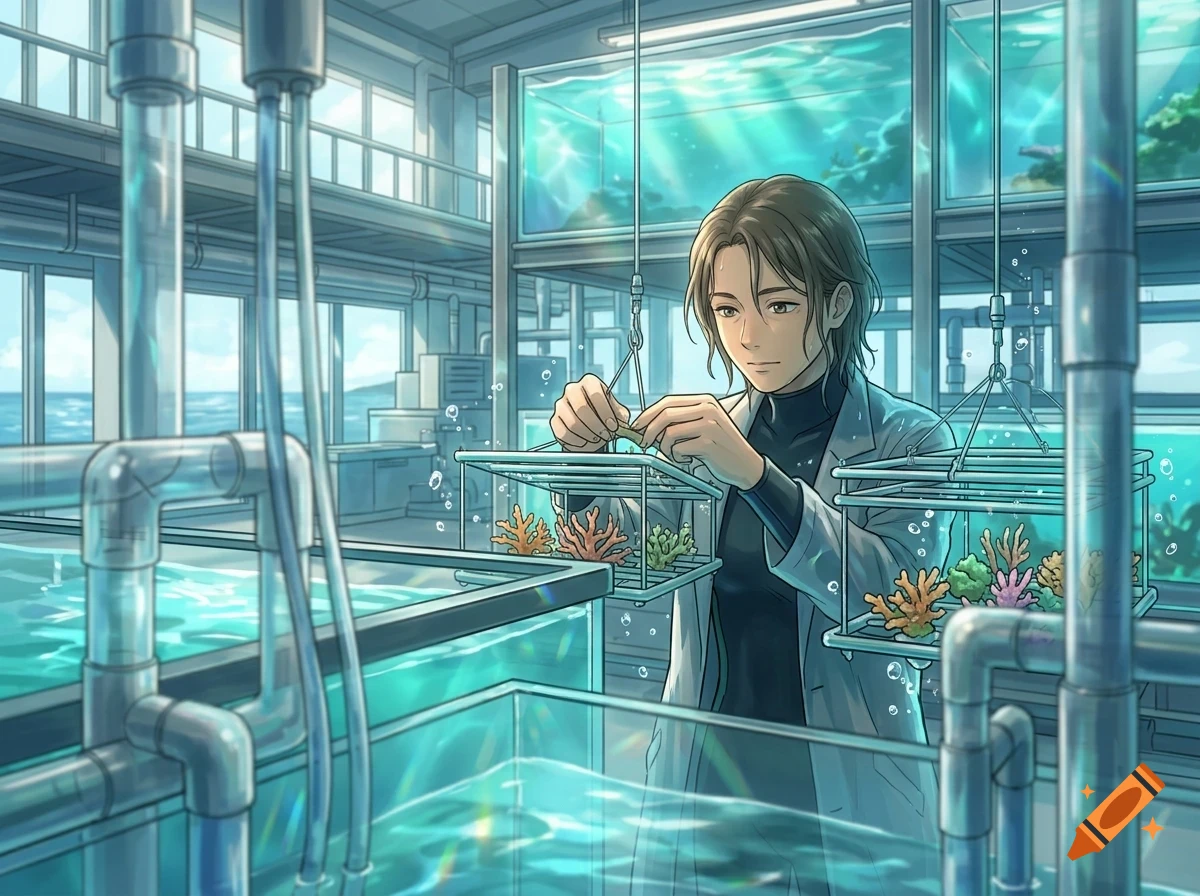 An anime-style illustration of a researcher in a laboratory examining coral samples suspended in tanks of water.
