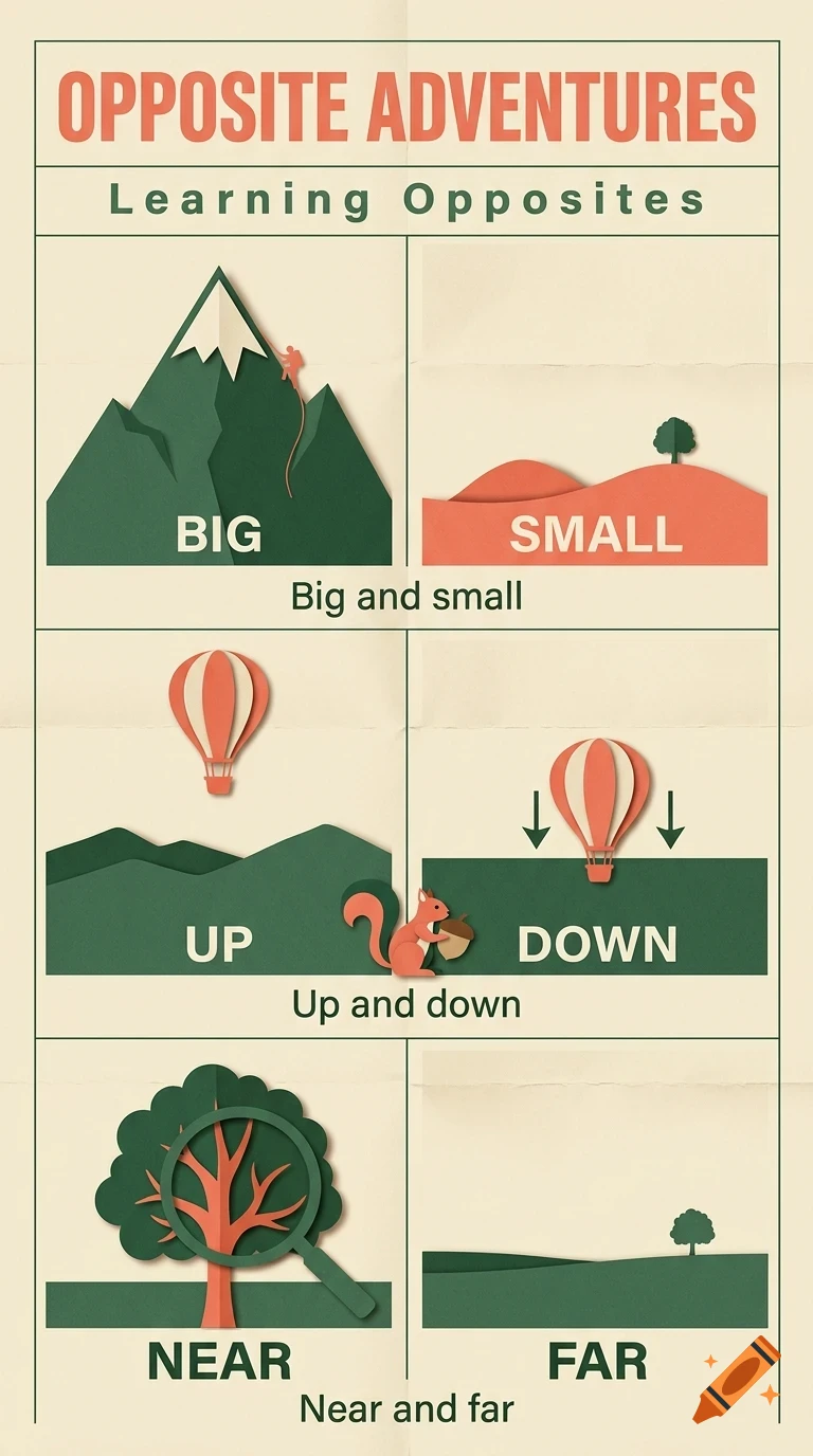 An educational poster titled Opposite Adventures teaching opposites like big and small, up and down, and near and far with paper-cut style illustrations.