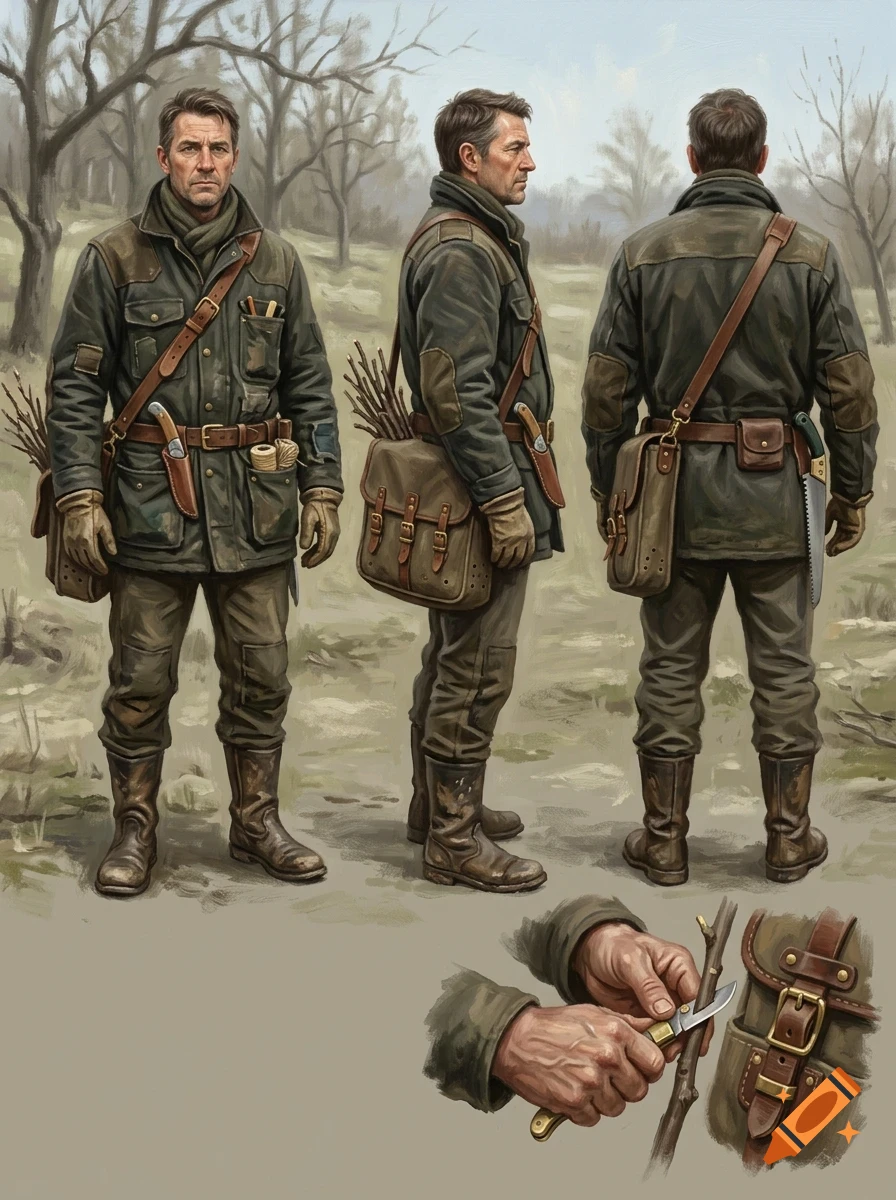 Character design sheet showing a man in outdoor gear from front, side, and back views, along with inset details of hands whittling wood.