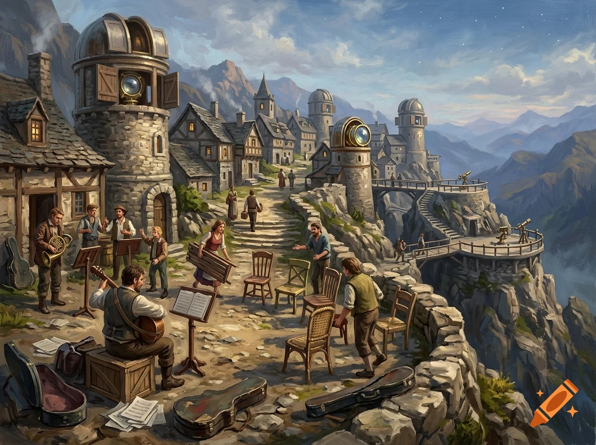 An illustrated fantasy mountain village with stone houses, astronomical observatories, and people playing music and arranging chairs on a path.