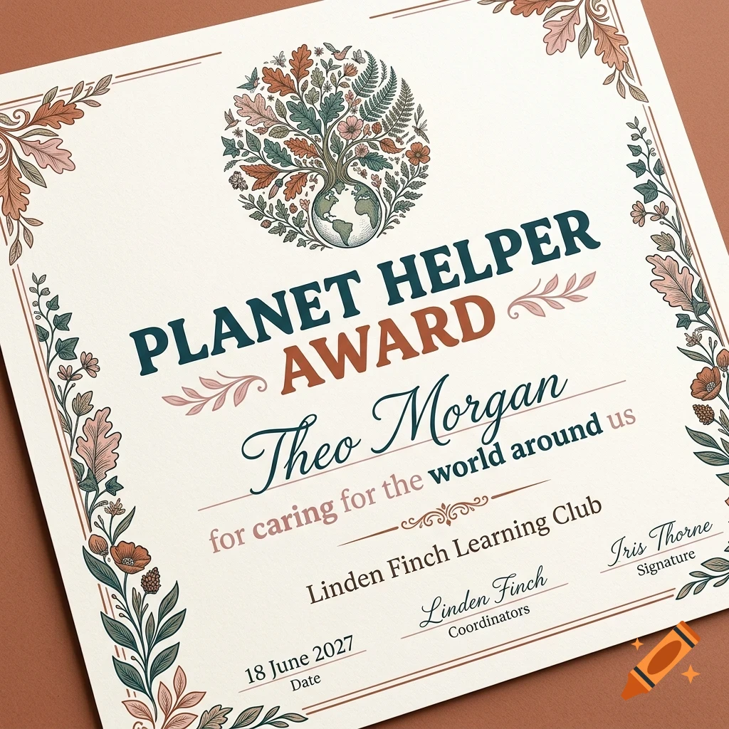 An award certificate titled PLANET HELPER AWARD with botanical illustrations and text.