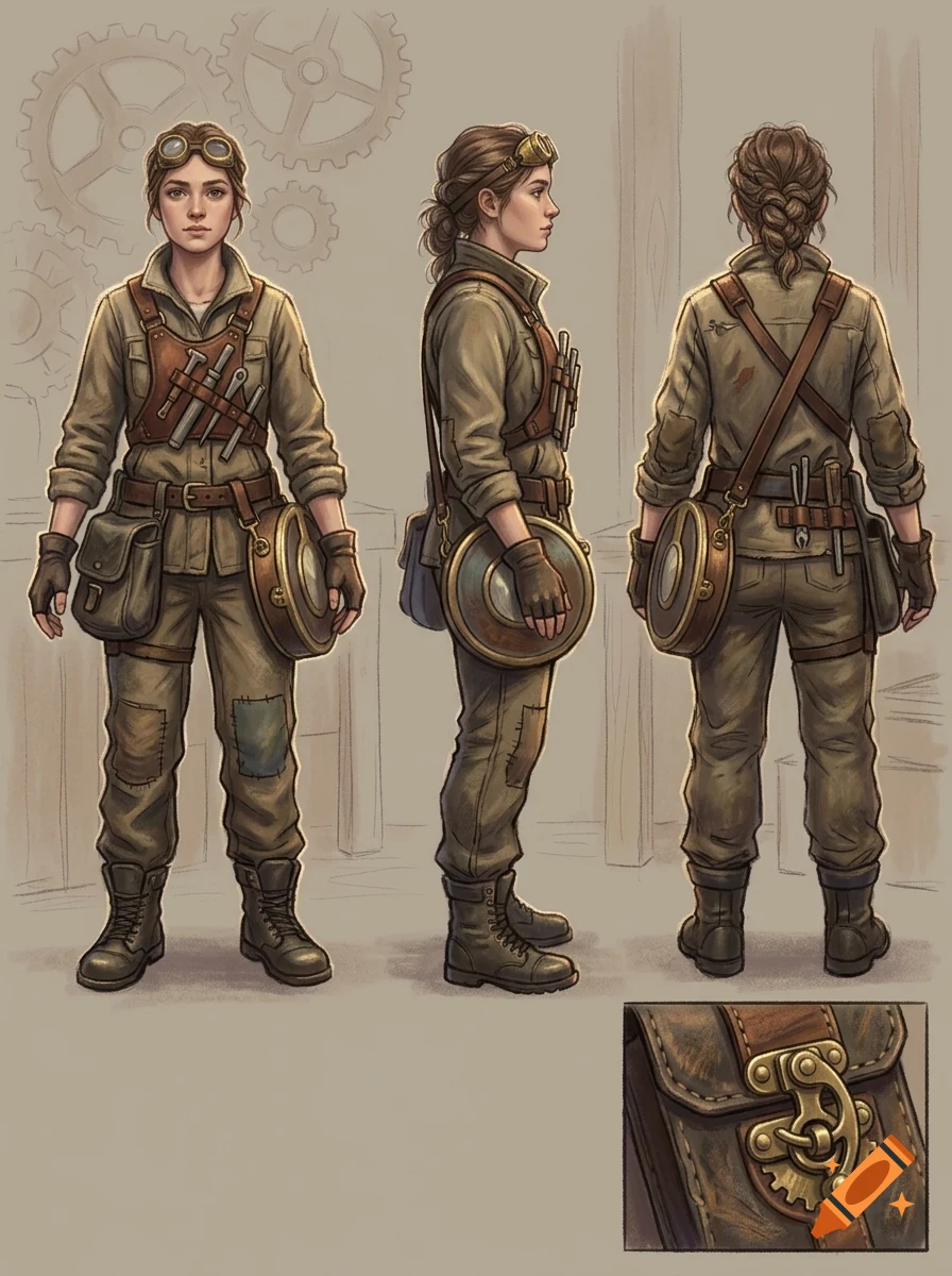 Character concept art showing a woman in steampunk mechanic attire from front, side, and back views, with a close-up of a clasp.