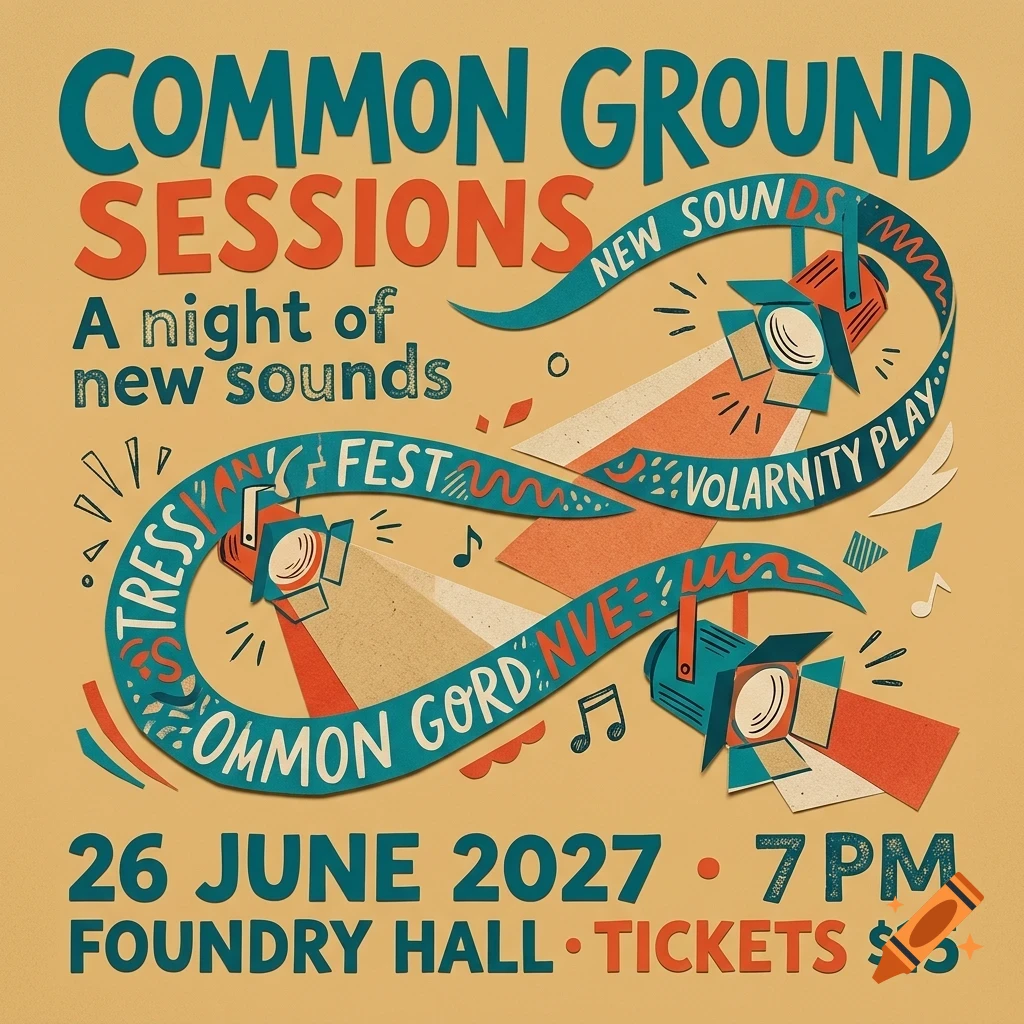 An event poster with bold lettering reading Common Ground Sessions and concert details, illustrated with stage spotlights and ribbons.