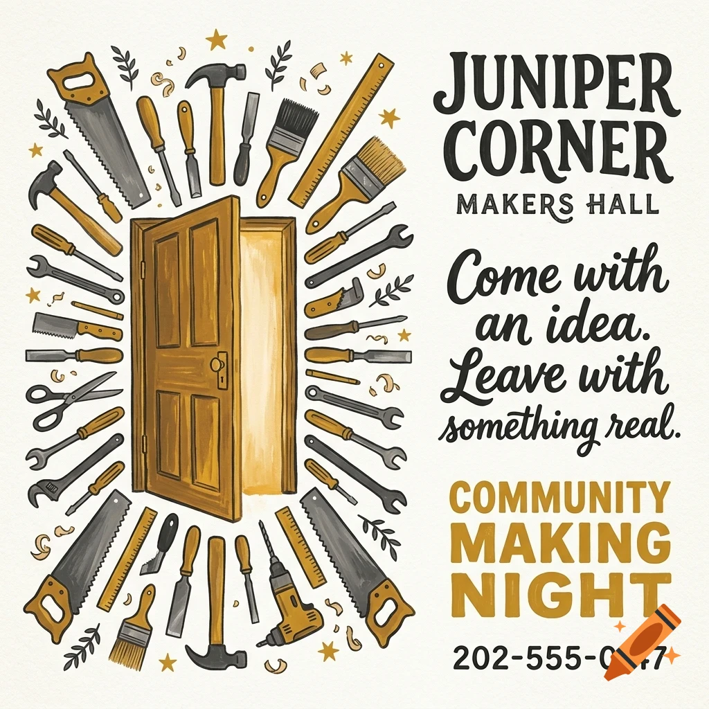 An illustrated poster for Juniper Corner Makers Hall featuring a wooden door surrounded by various hand tools and text reading Come with an idea. Leave with something real.