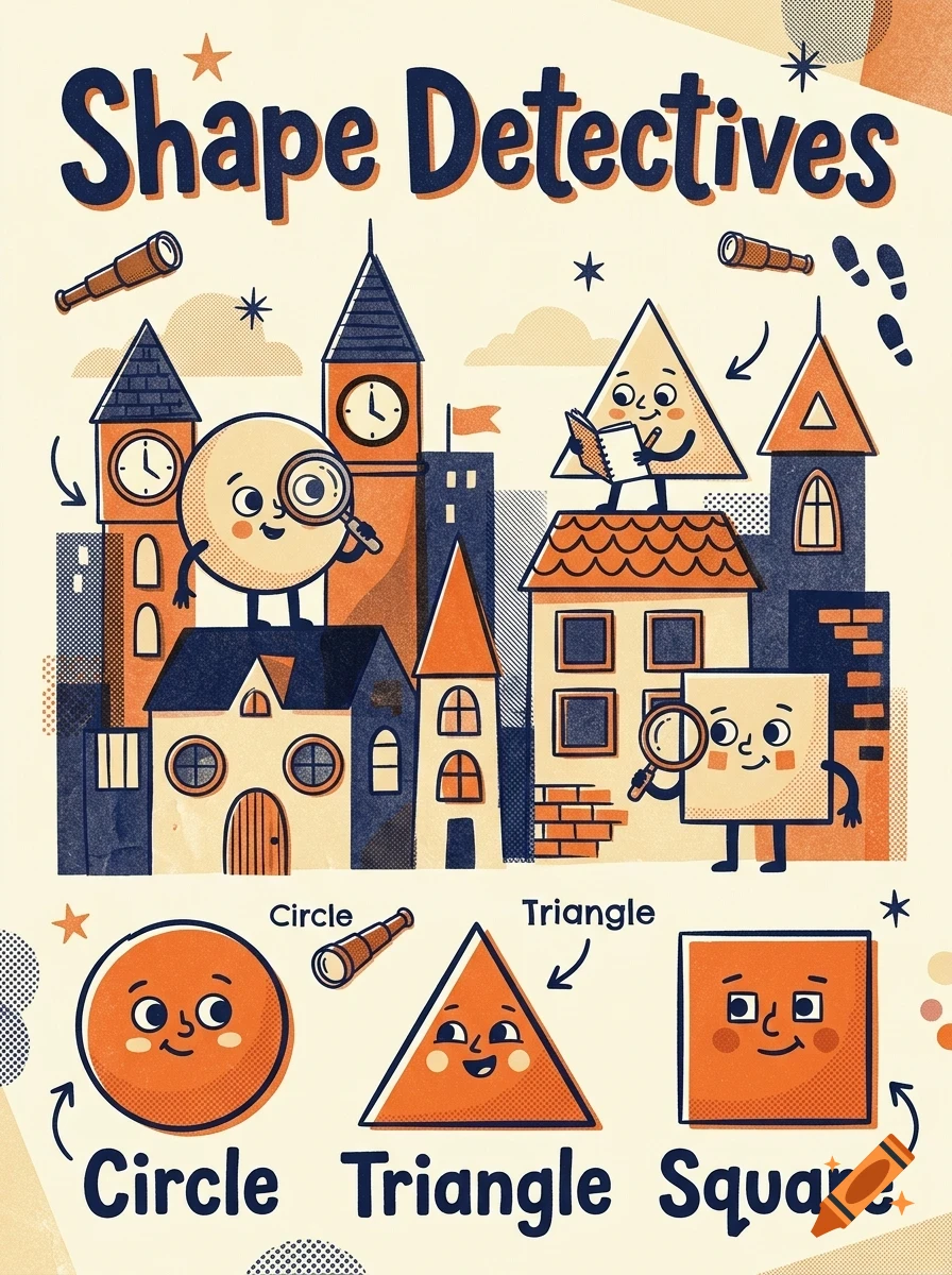 An illustration titled Shape Detectives featuring cute cartoon characters shaped like a circle, triangle, and square exploring a city.