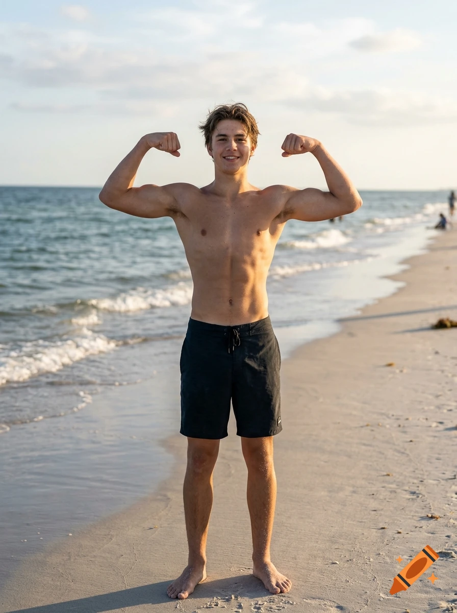 Photorealistic image of a shirtless teenager flexing his biceps on a sandy beach by the ocean.