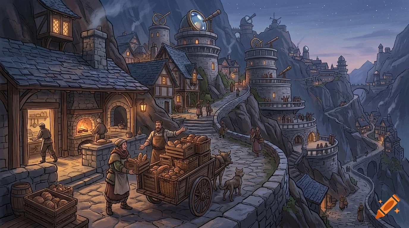 An illustrated mountainous village at dusk with stone houses, winding streets, people working, and observatories with telescopes.