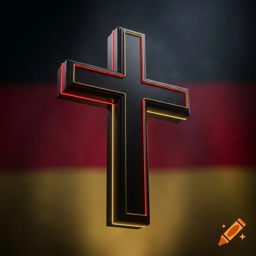 A 3D black christian cross with gold and red neon trim, set against a German flag background.