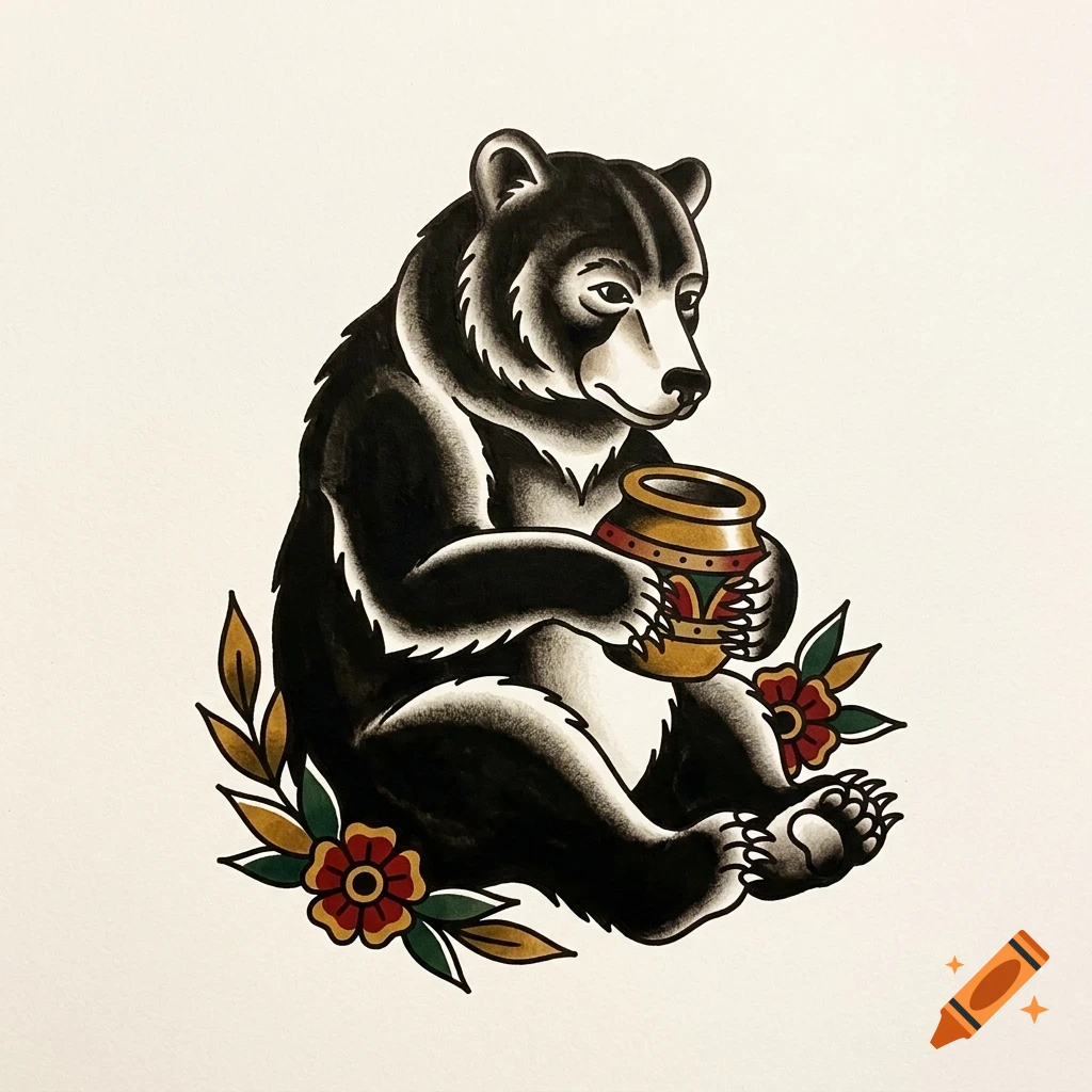 An illustrated tattoo-style drawing of a black bear holding a honey pot, surrounded by flowers and leaves.