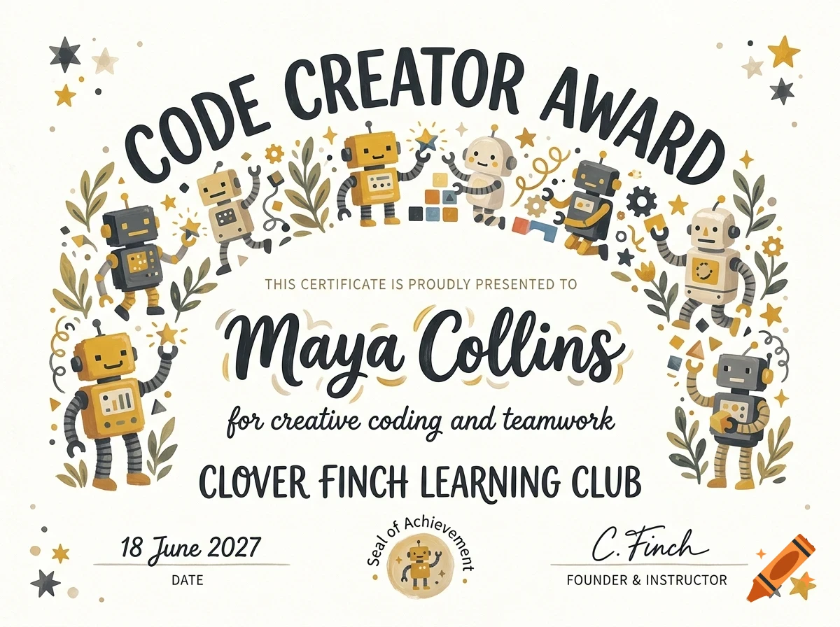 An award certificate featuring playful robot illustrations, decorative foliage, and the text Code Creator Award.