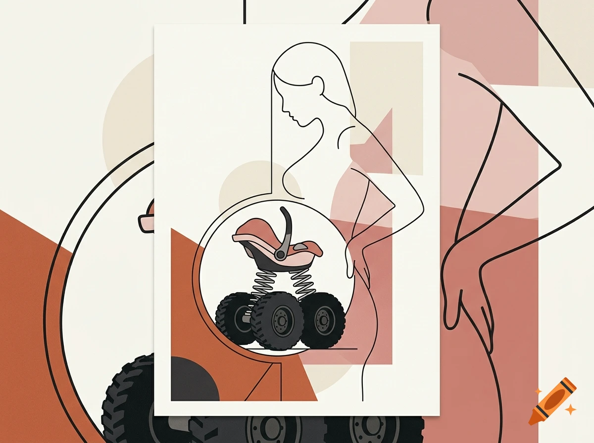Minimalist abstract line art of a pregnant woman silhouette with a baby car seat on monster truck wheels inside her womb.