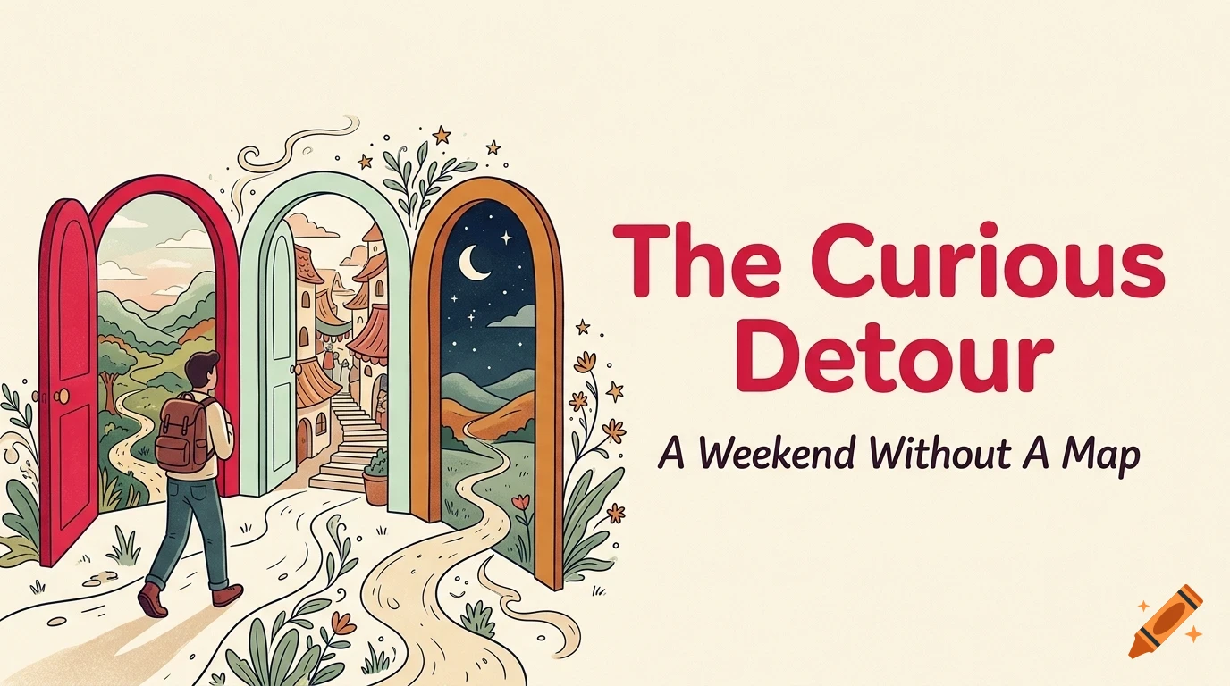 An illustrated book cover featuring a traveler with a backpack walking through three open doors revealing different surreal landscapes, with the text 'The Curious Detour A Weekend Without A Map'.