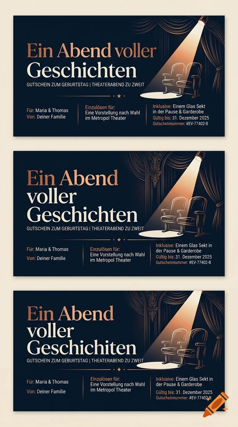 Three dark blue voucher designs featuring gold lettering and an illustration of two theater seats under a spotlight.