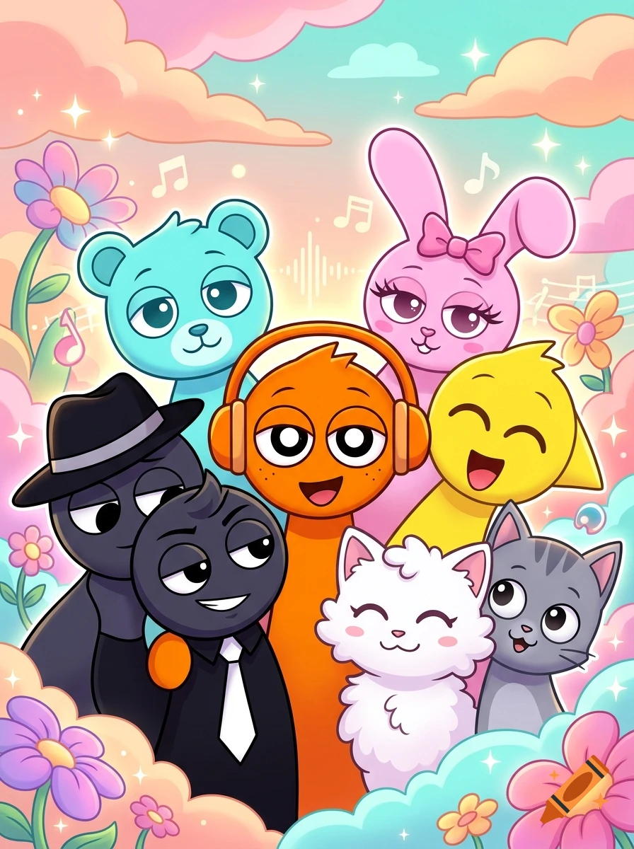 Colorful digital illustration of various cartoon creatures including a blue bear, pink bunny, orange creature, yellow creature, cats, and black-suited characters against a pastel sky background with clouds and music notes.
