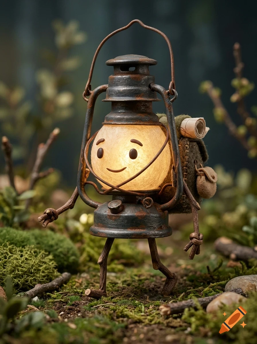 A cute animated lantern character with stick arms and legs, a backpack, and a smiling glowing face, walking on a mossy forest floor.