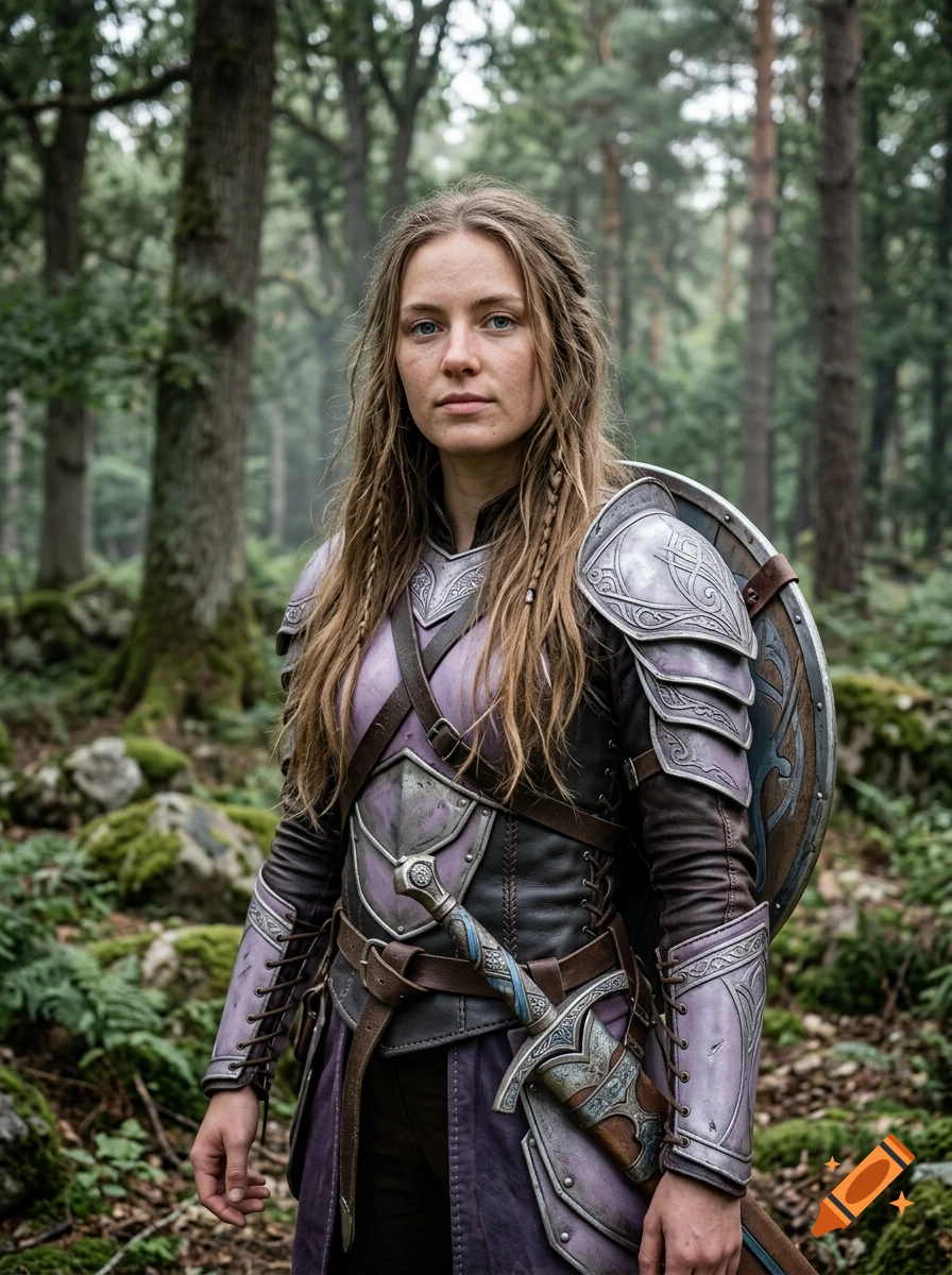 Photorealistic portrait of a female warrior with light brown hair, blue eyes, and lavender armor in a forest.