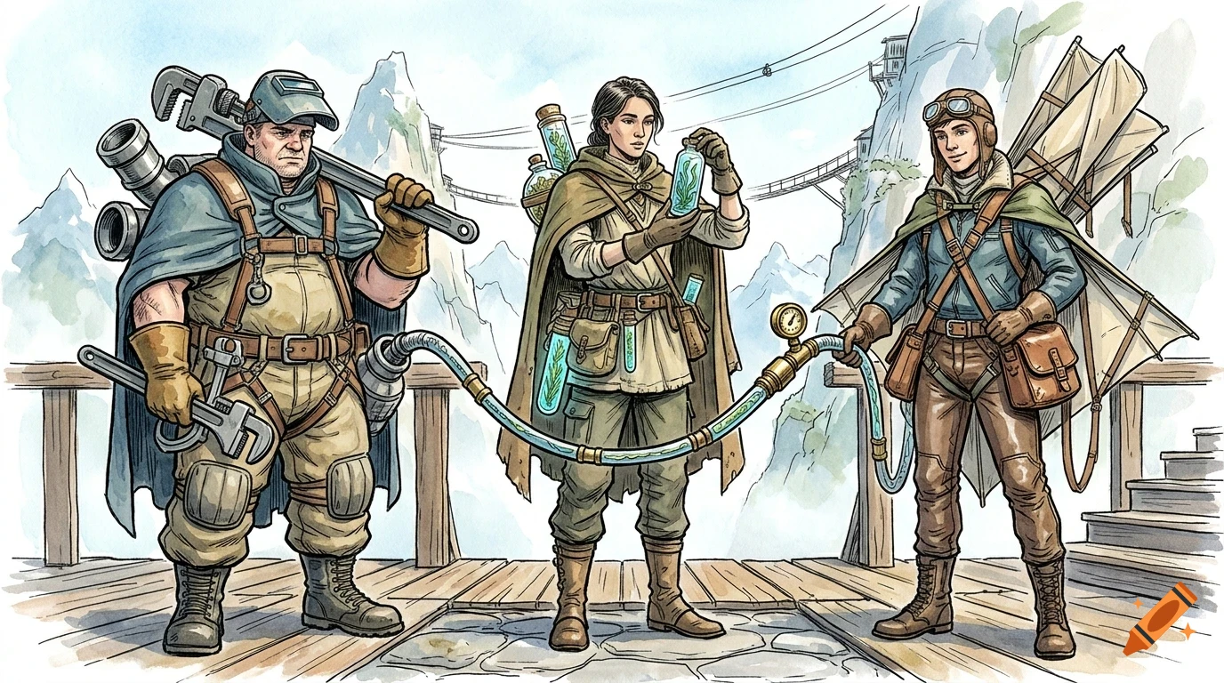 Illustration of three adventurous people in a mountainous landscape holding tools and glass vials connected by a glowing tube.