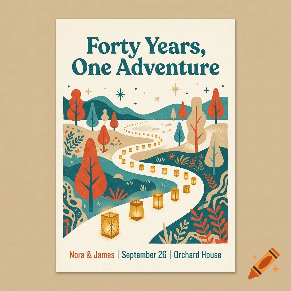 An illustrated invitation featuring a winding path with glowing lanterns through a landscape with trees and hills, with text reading Forty Years, One Adventure.
