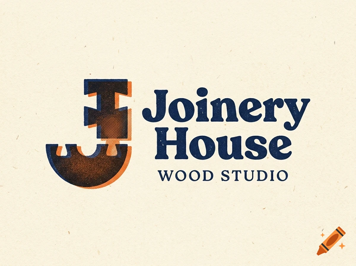 Logo featuring a stylized interlocking letter J icon next to the text Joinery House Wood Studio in blue on textured off-white paper.