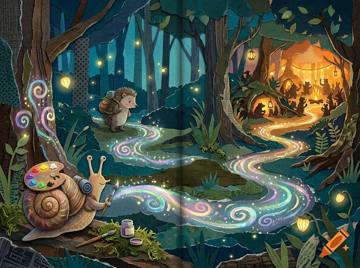 A layered papercraft illustration of a magical forest at night, featuring a snail painting a sparkling river with a paintbrush, a hedgehog carrying a backpack, and animals gathering around a campfire in a hollow tree.