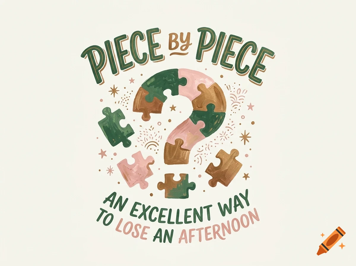 An illustrated graphic featuring the text PIECE BY PIECE at the top and AN EXCELLENT WAY TO LOSE AN AFTERNOON at the bottom, surrounding a question mark made of puzzle pieces.