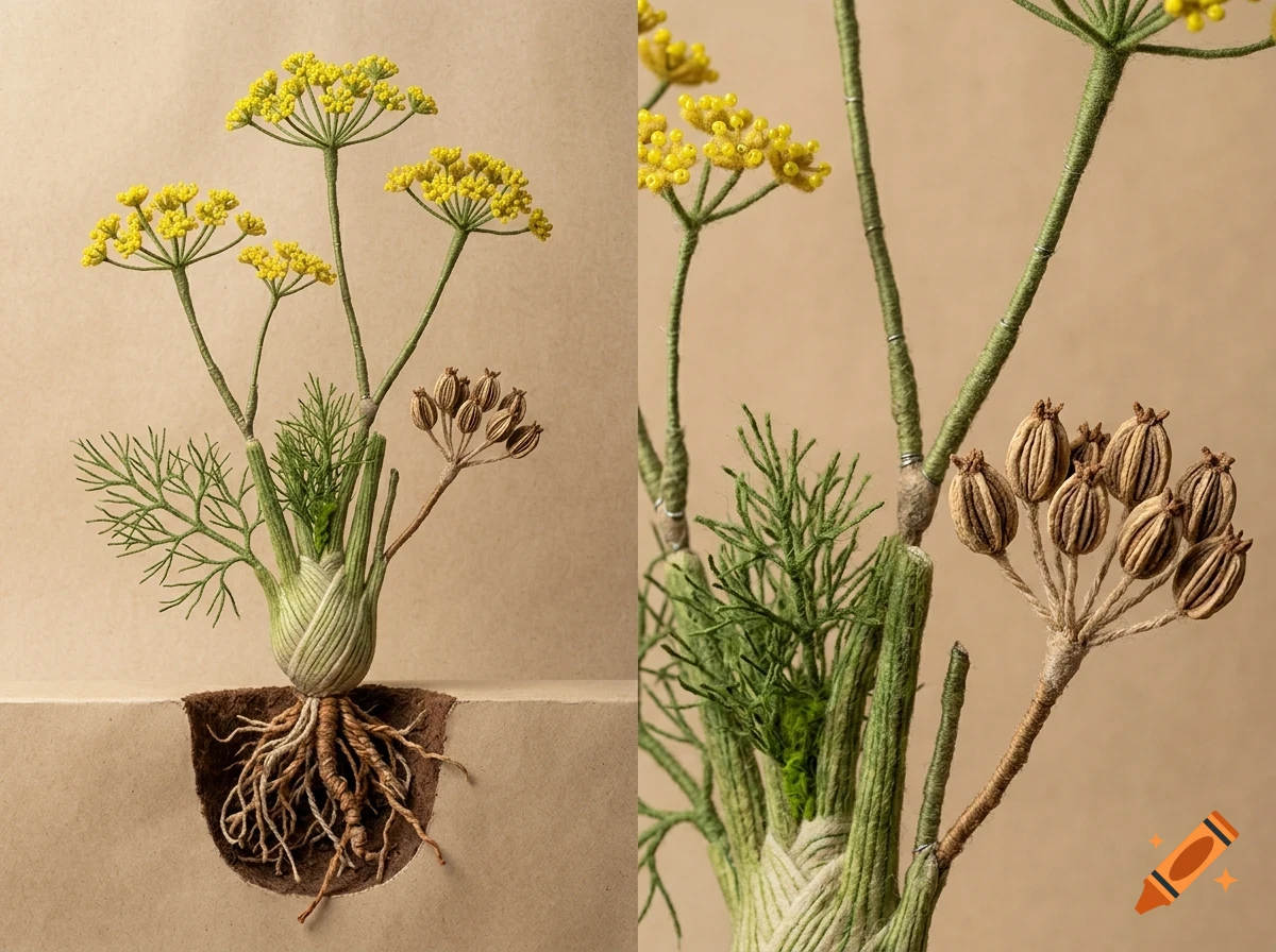 A detailed handcrafted paper model of a fennel plant with yellow flowers, green stems, feathery leaves, seed pods, and roots.
