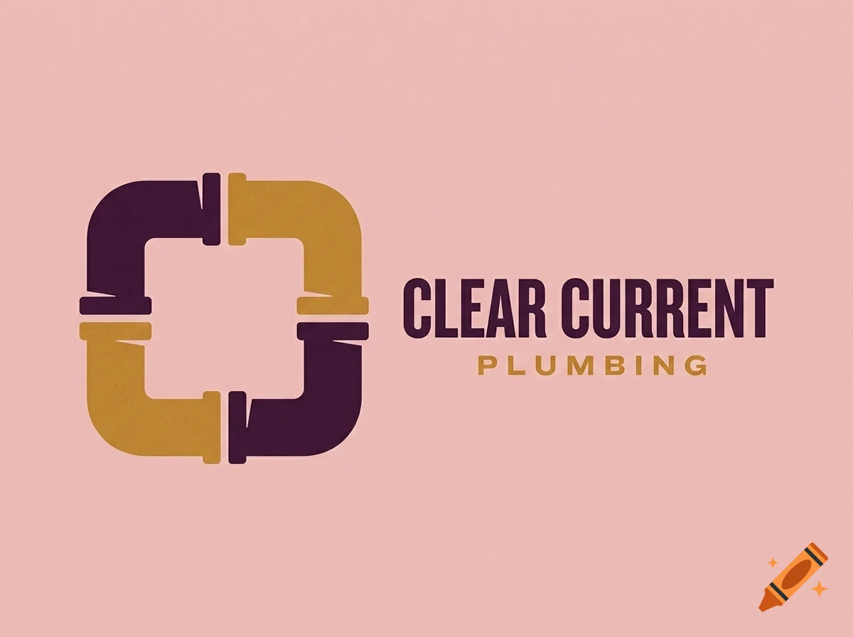 A logo for Clear Current Plumbing featuring four connected pipe elbows forming a square shape next to text on a pink background.