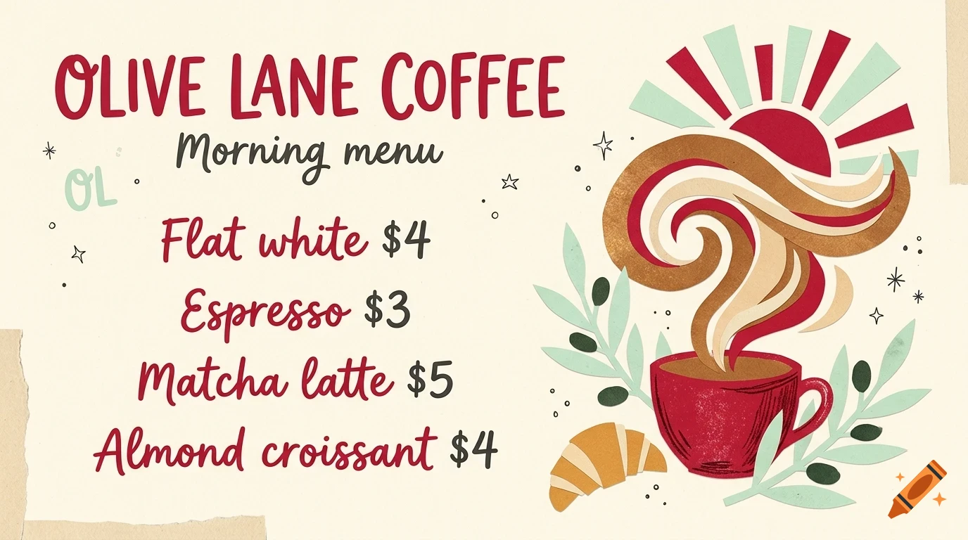 A coffee shop menu for Olive Lane Coffee listing morning items and prices next to an illustration of a coffee cup, pastry, and rising sun.