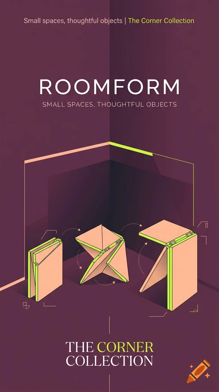 An instructional design graphic for ROOMFORM showing three stages of a folding furniture object in a purple room corner.