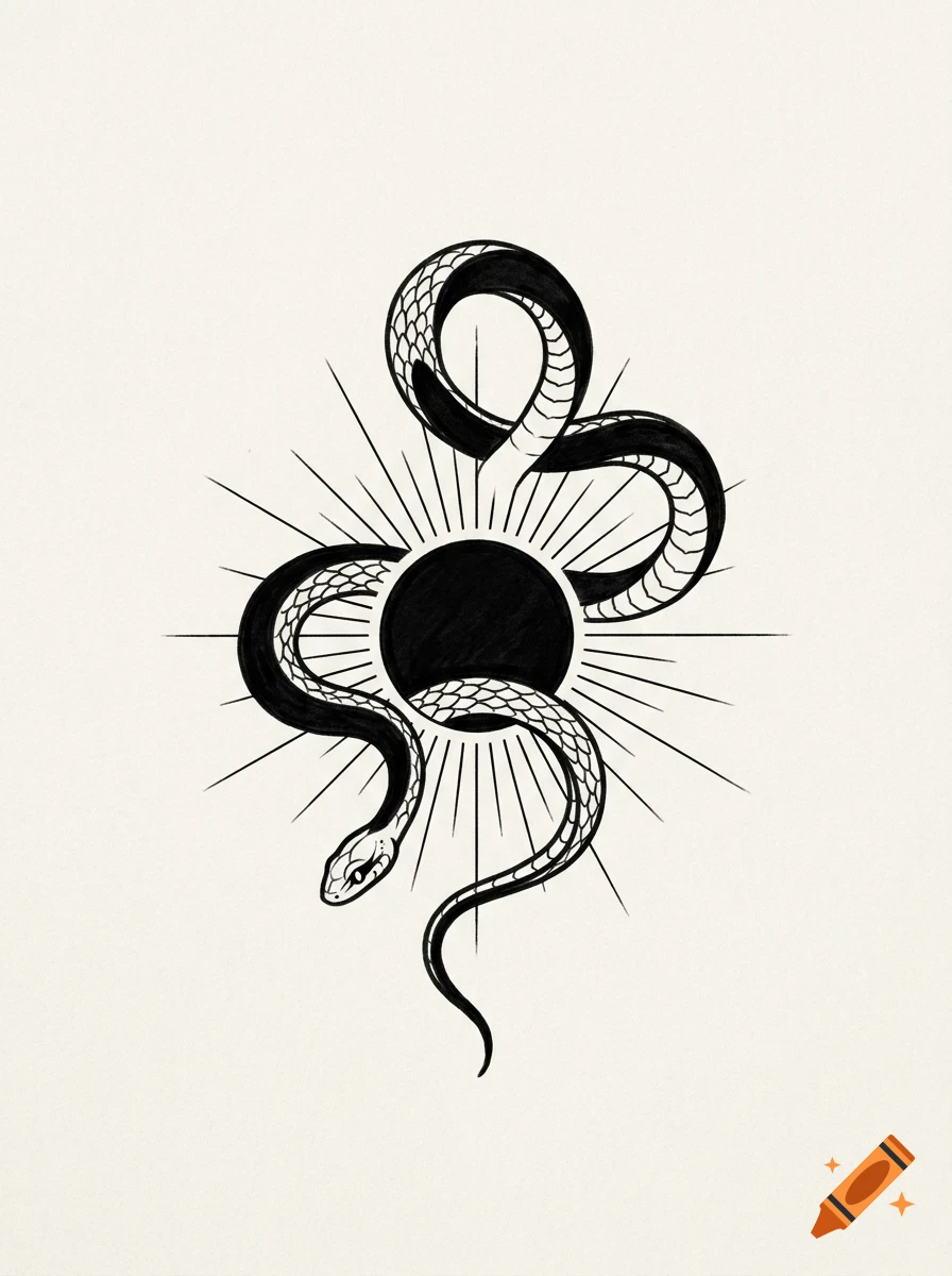 An ink drawing of a snake coiled around a black sun with radiating rays.