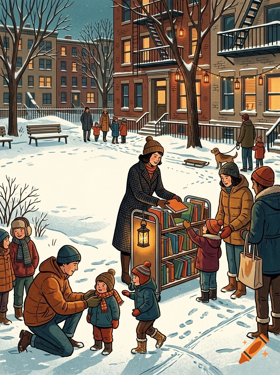 People gathering around a mobile book cart in a snowy neighborhood street during winter.