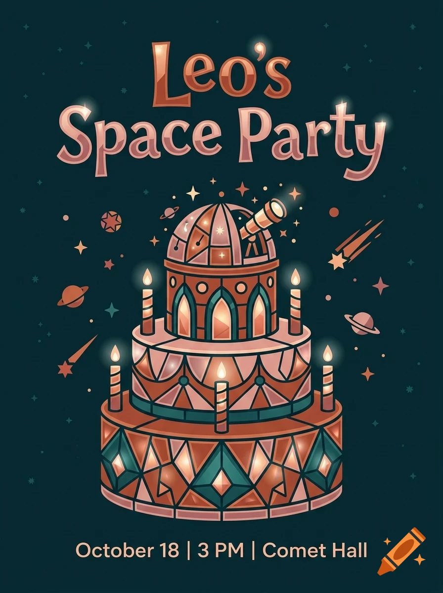 An illustrated invitation for a space-themed party featuring a multi-tiered cake resembling an observatory, surrounded by stars and planets.