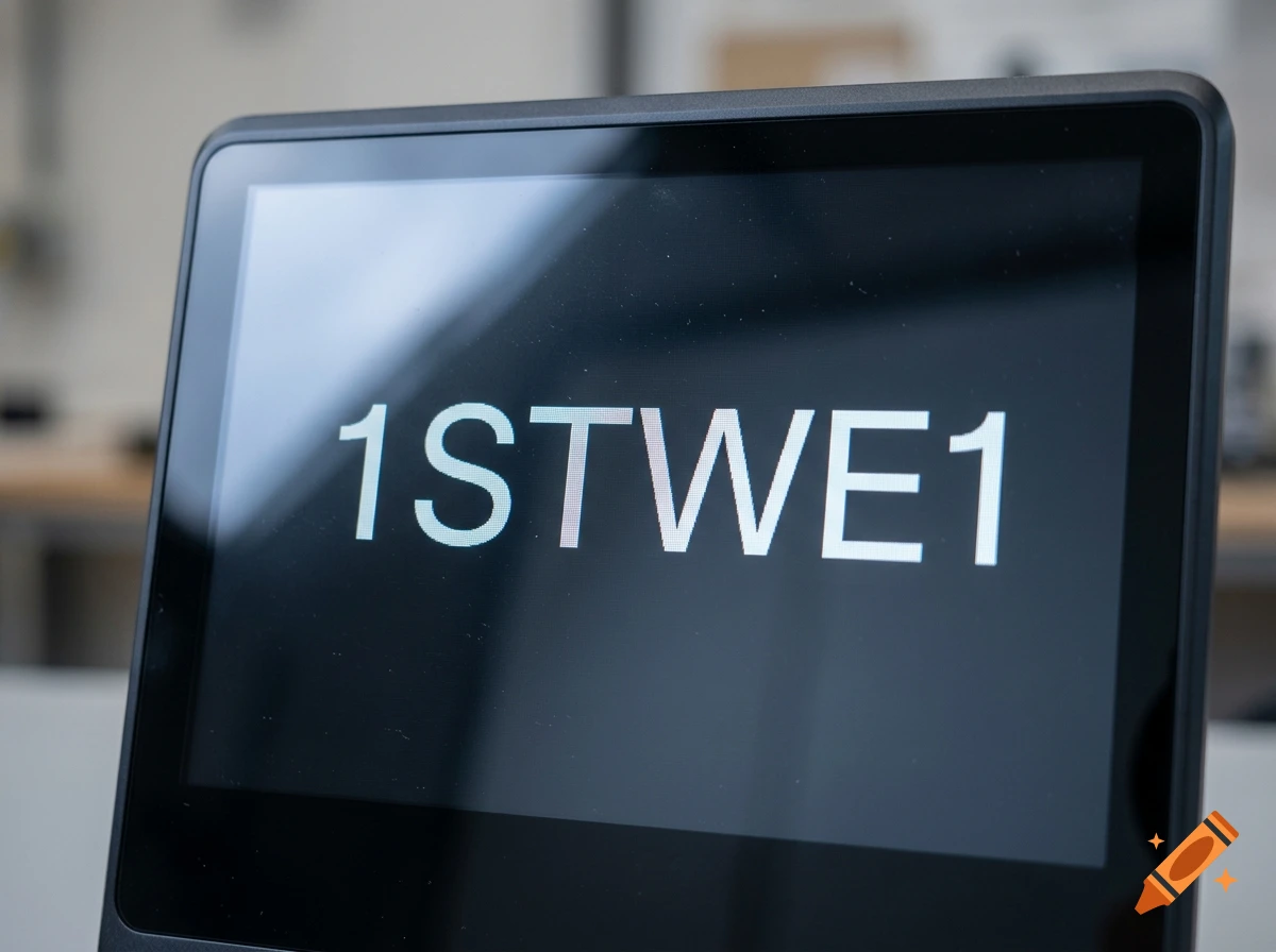 Close-up of a tablet screen displaying the text 1STWE1 on a dark background.