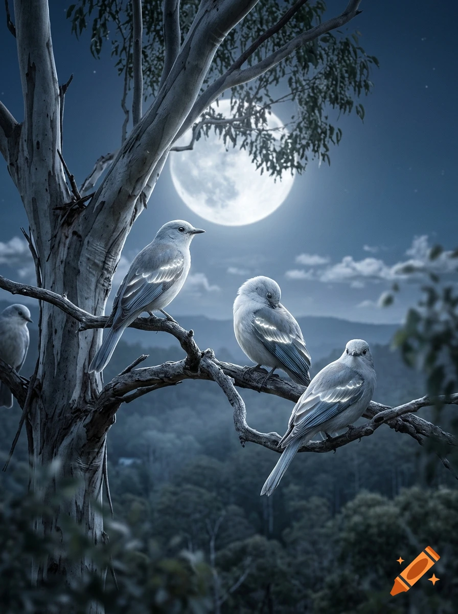 Four blue-grey birds perched on a eucalyptus tree branch under a large, glowing full moon at night.