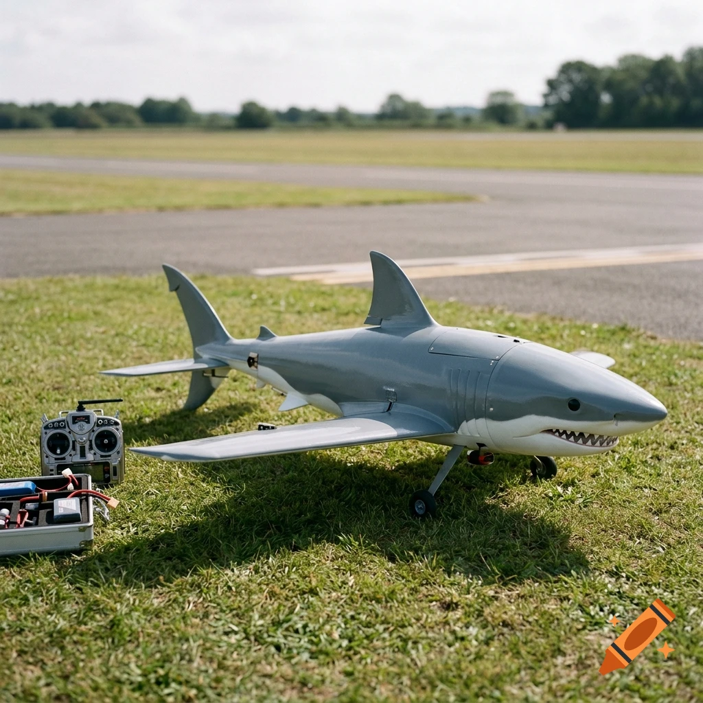 A photorealistic RC airplane shaped like a shark sitting on grass next to a remote control.
