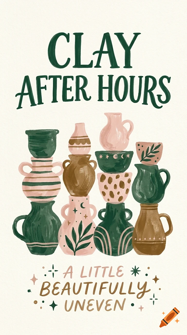 An illustrated poster features stacked ceramic pots, vases, and pitchers in earthy tones of green, pink, and brown, accompanied by the text 'CLAY AFTER HOURS' and 'A LITTLE BEAUTIFULLY UNEVEN'.