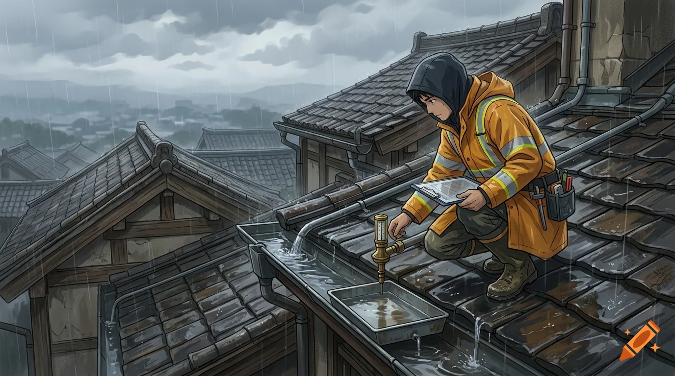 An anime-style illustration of a person in a yellow raincoat inspecting a water pipe and collection tray on a tiled rooftop during a rainy day.