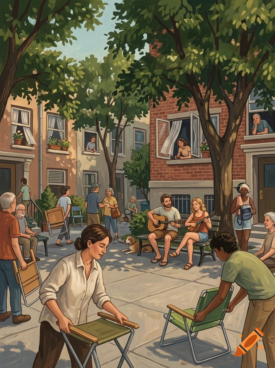 An illustrated scene in a courtyard between brick apartment buildings where neighbors gather, set up chairs, talk, and play music.