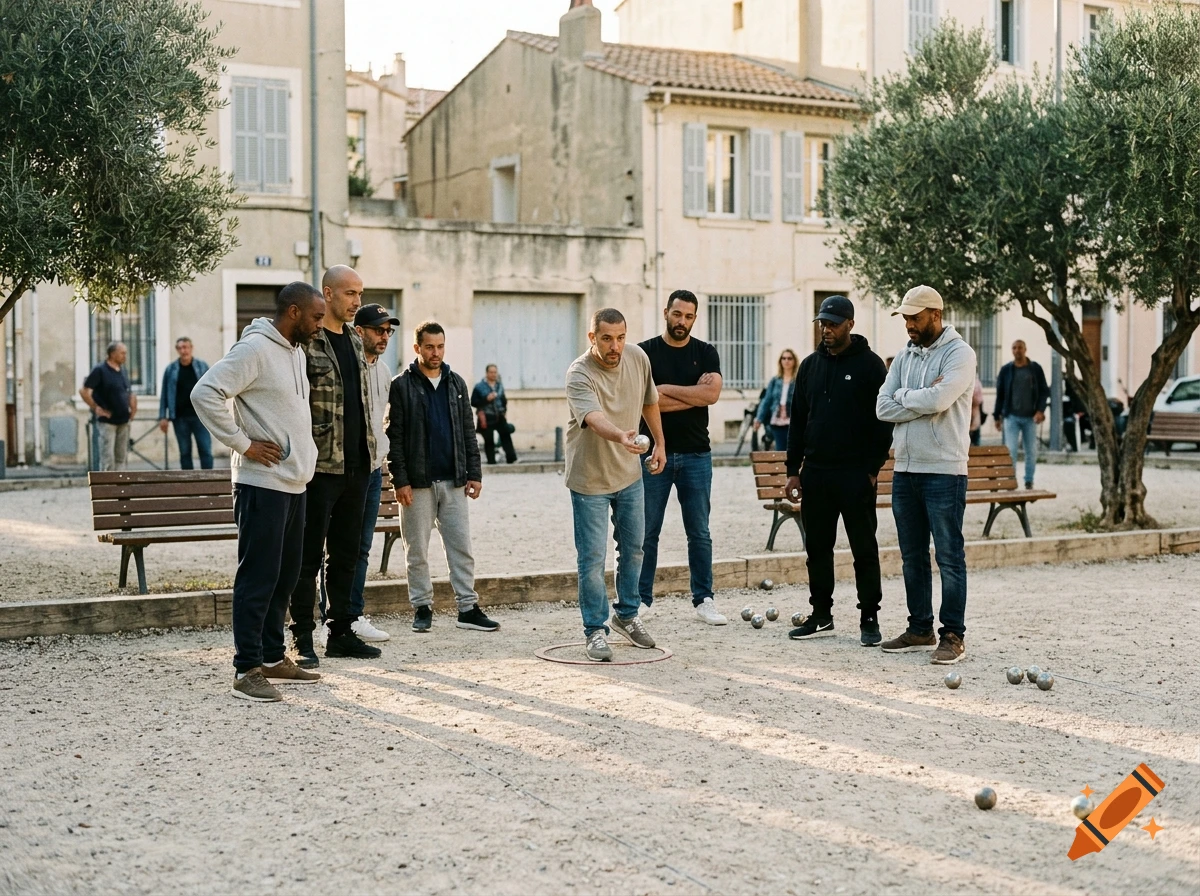 A group of men playing petanque in a village square in a photorealistic style.