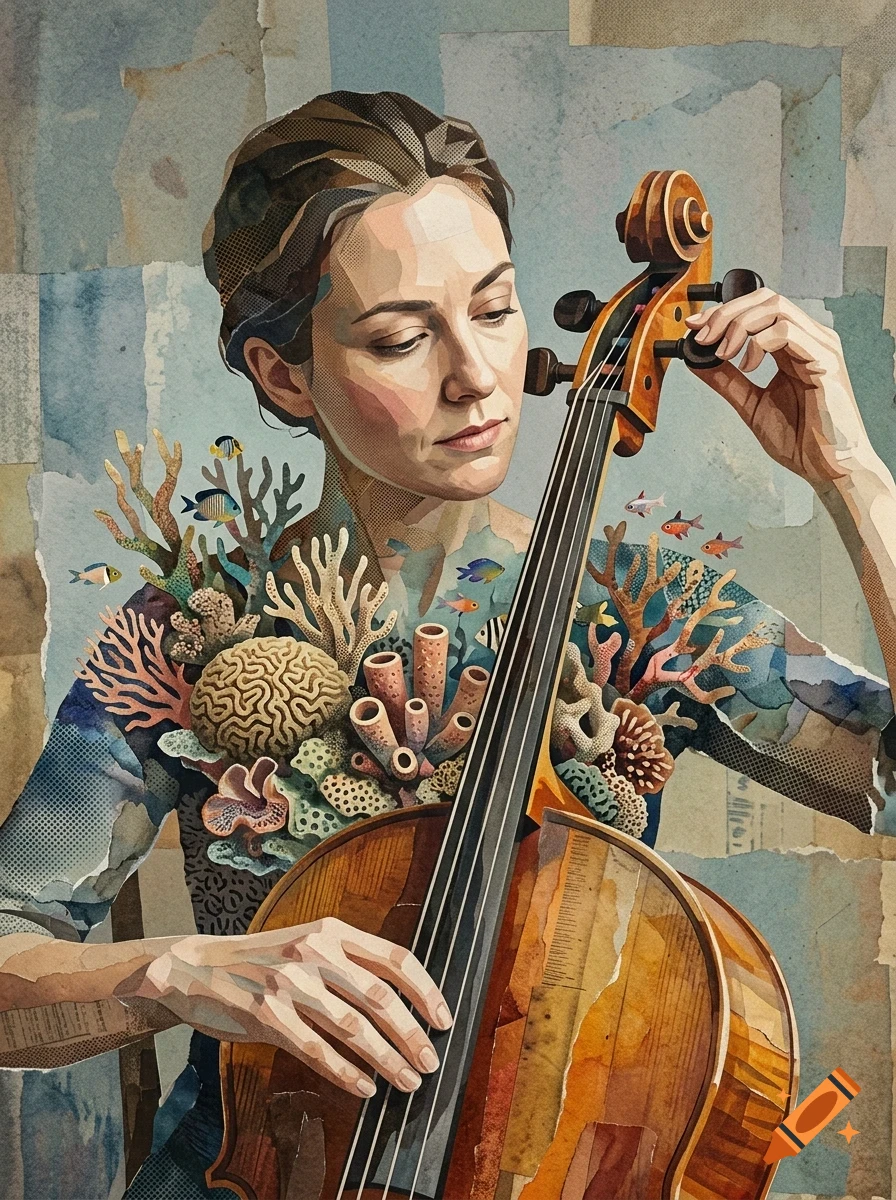 A mixed media collage illustration of a woman playing a cello, with coral reefs and small fish growing from her torso.