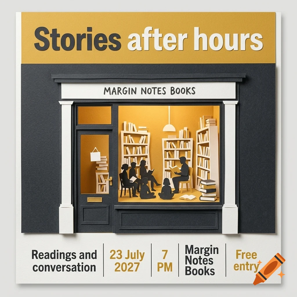A papercraft-style poster for 'Stories after hours' at Margin Notes Books, showing a bookstore window with people reading inside.