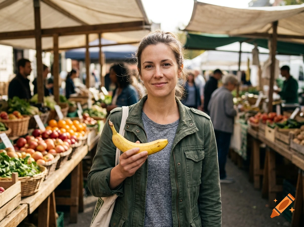 Photorealistic image of a woman holding a banana at an outdoor market stall.