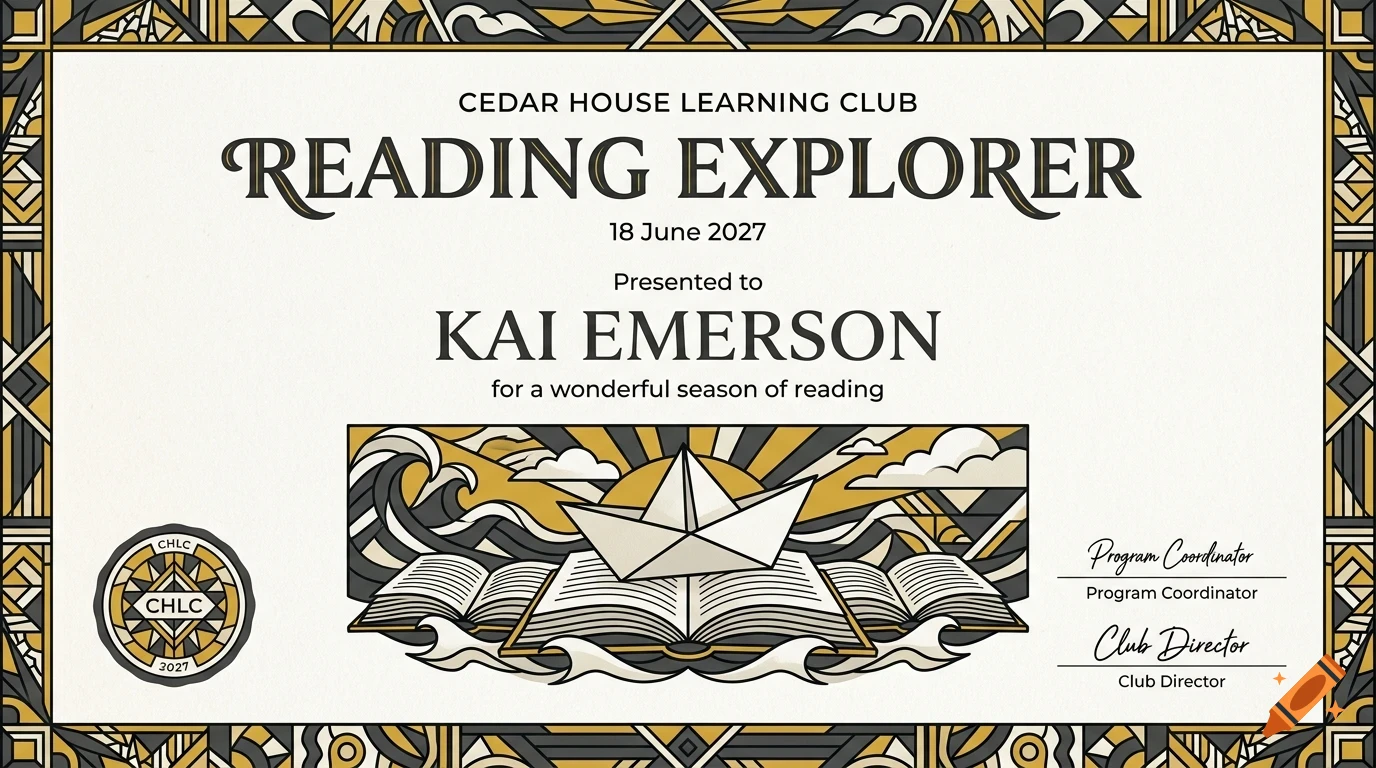 An art deco style certificate for reading explorer awarded to Kai Emerson with a paper boat on an open book illustration.